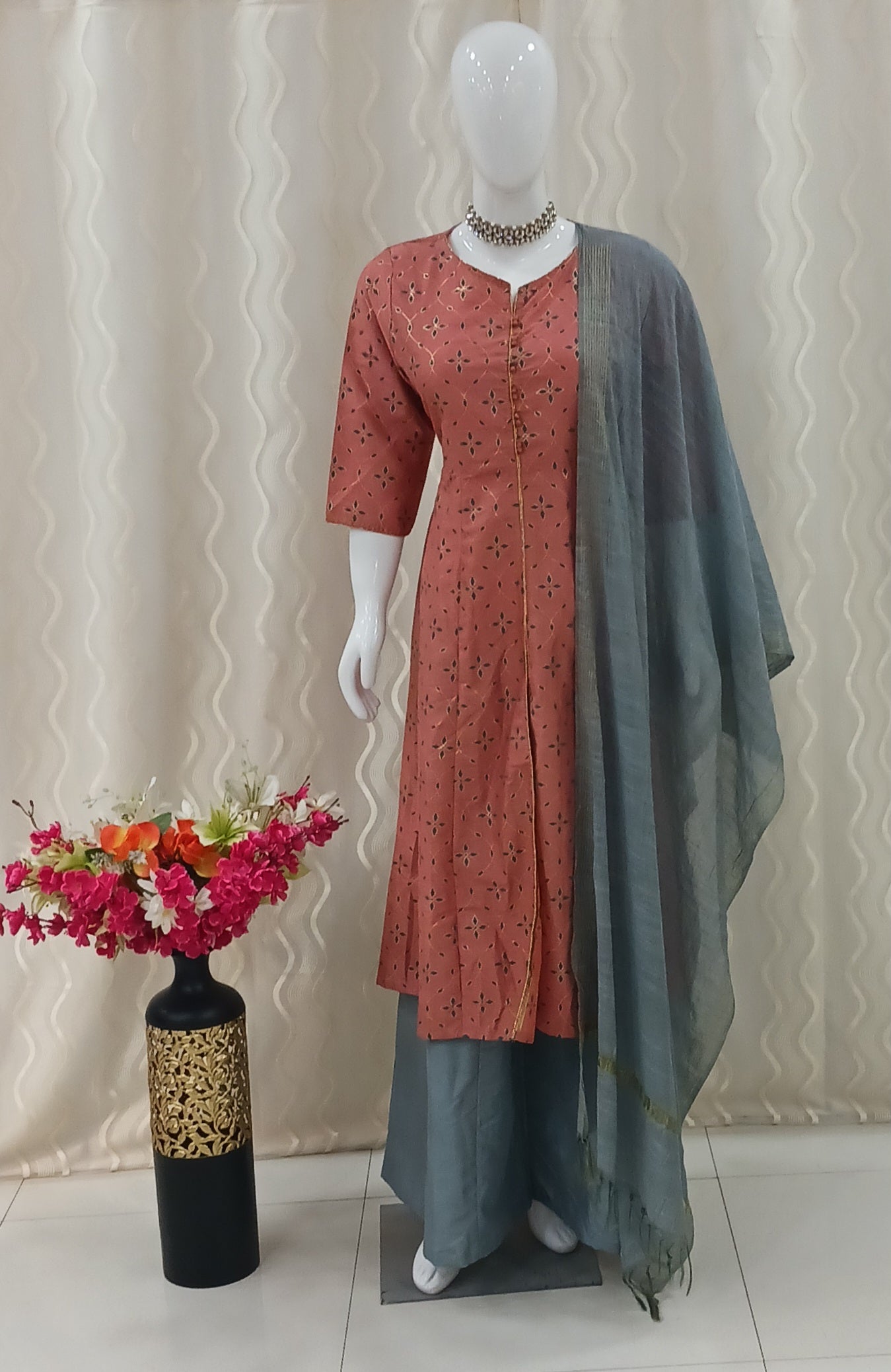 Anarkali Cut 3-Piece Suit with Dupatta and 3/4 Sleeves