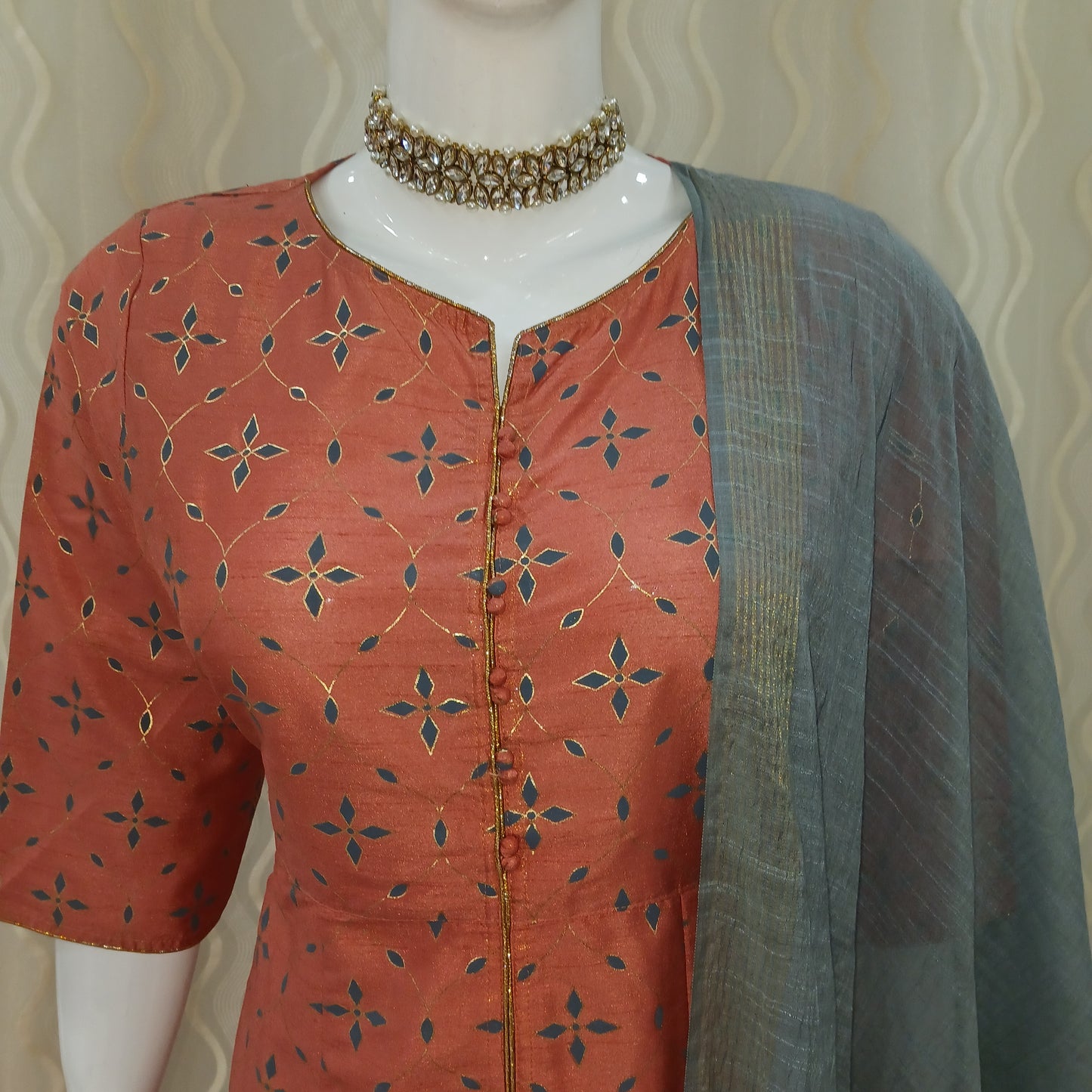 Anarkali Cut 3-Piece Suit with Dupatta and 3/4 Sleeves
