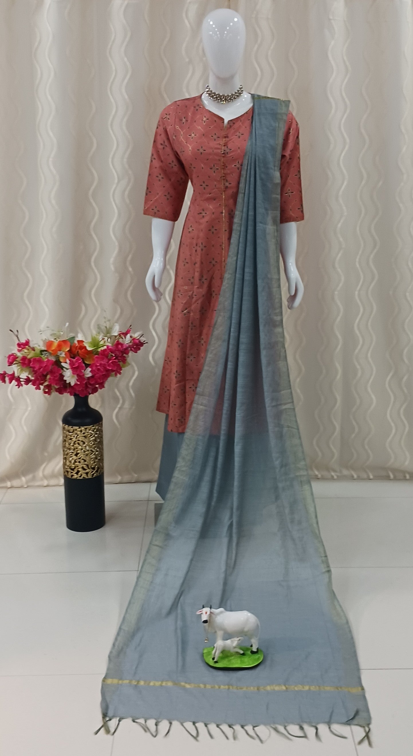 Anarkali Cut 3-Piece Suit with Dupatta and 3/4 Sleeves