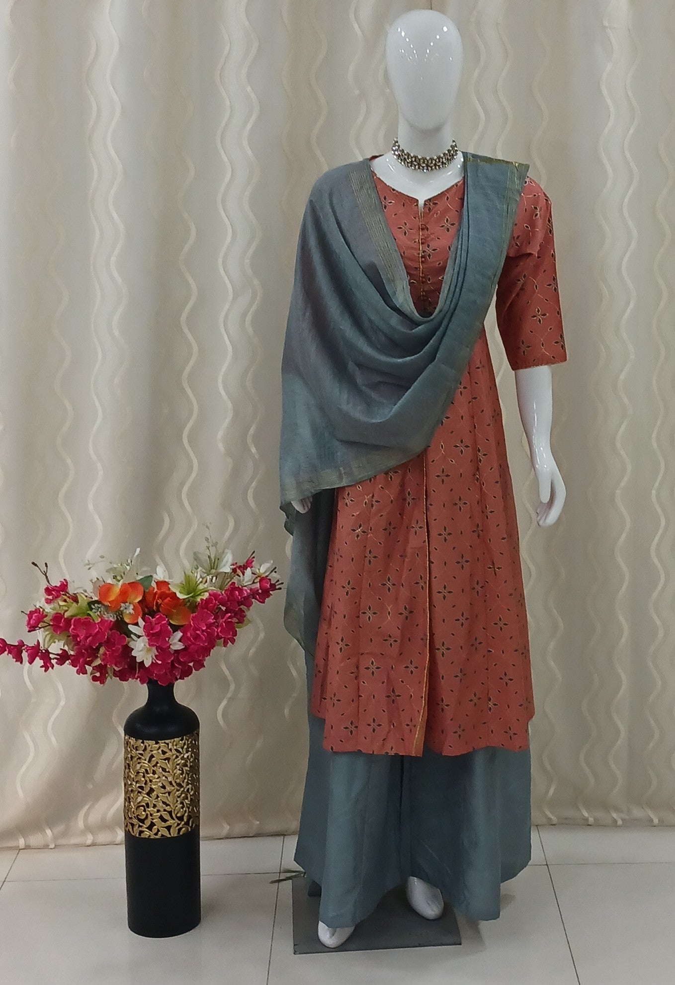 Anarkali Cut 3-Piece Suit with Dupatta and 3/4 Sleeves
