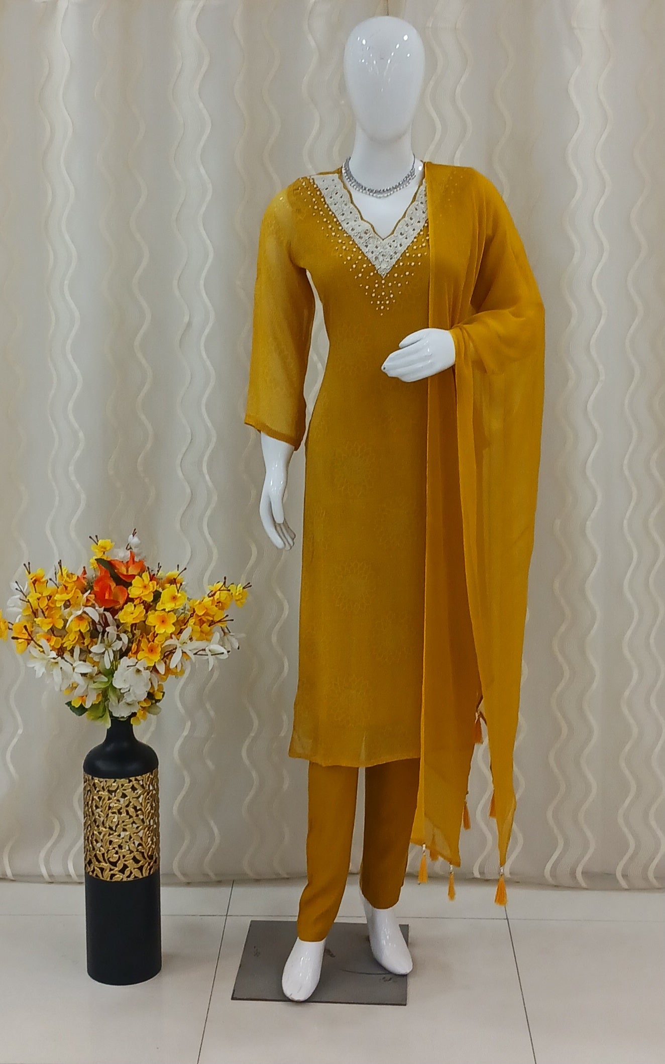 Straight Cut 3-Piece Suit with Dupatta and 3/4 Sleeves