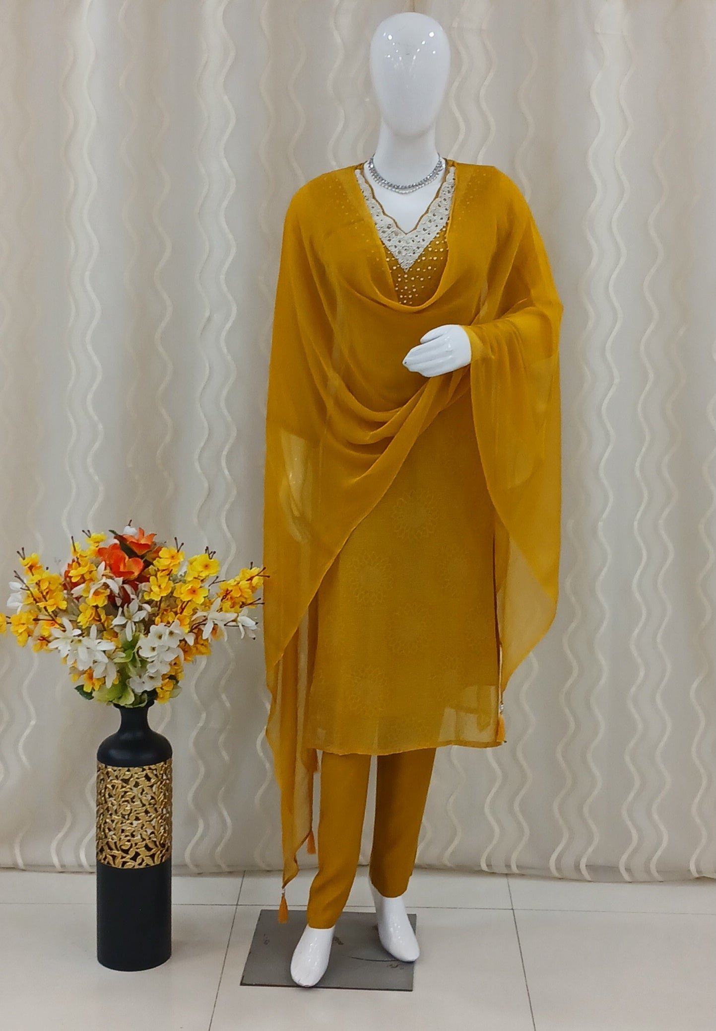 Straight Cut 3-Piece Suit with Dupatta and 3/4 Sleeves