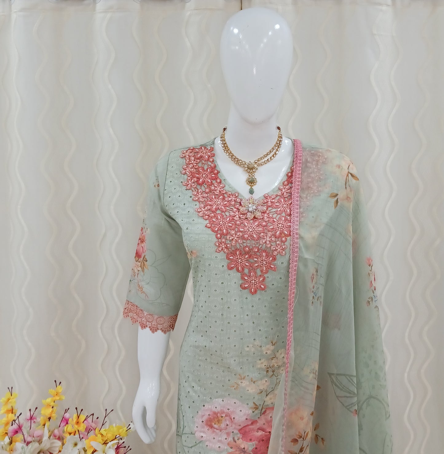 Straight Cut 3-Piece Suit with Dupatta and 3/4 Sleeves