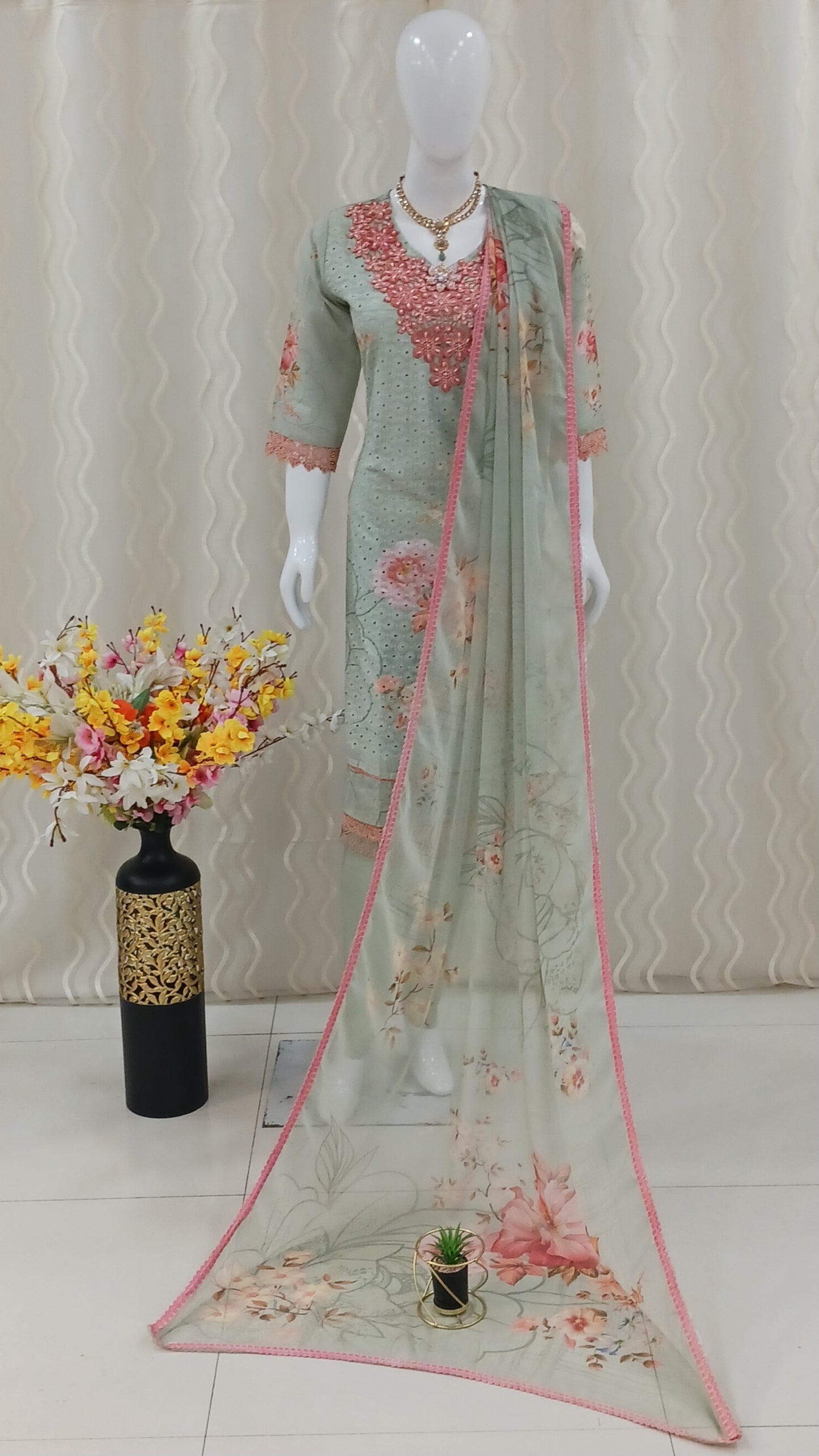 Straight Cut 3-Piece Suit with Dupatta and 3/4 Sleeves