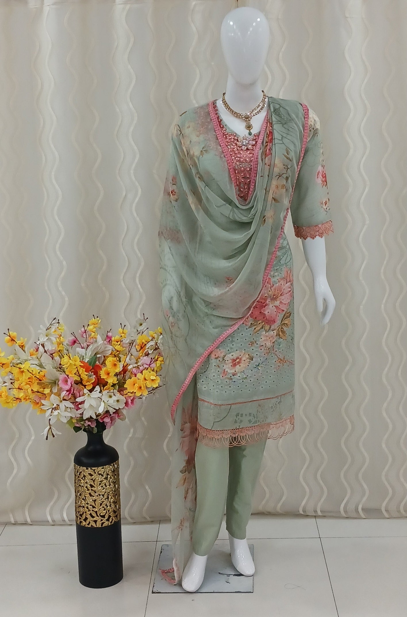 Straight Cut 3-Piece Suit with Dupatta and 3/4 Sleeves