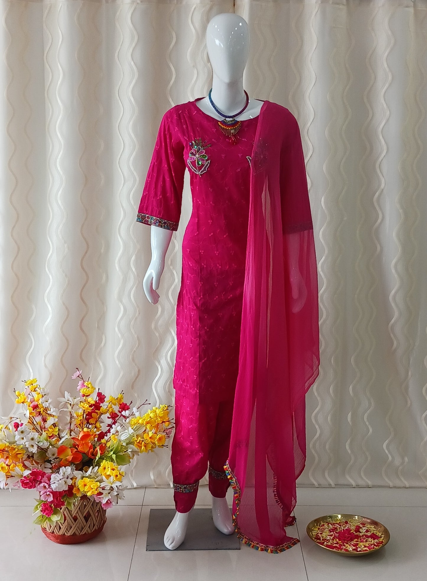 Straight Cut 3-Piece Suit with Dupatta and 3/4 Sleeves
