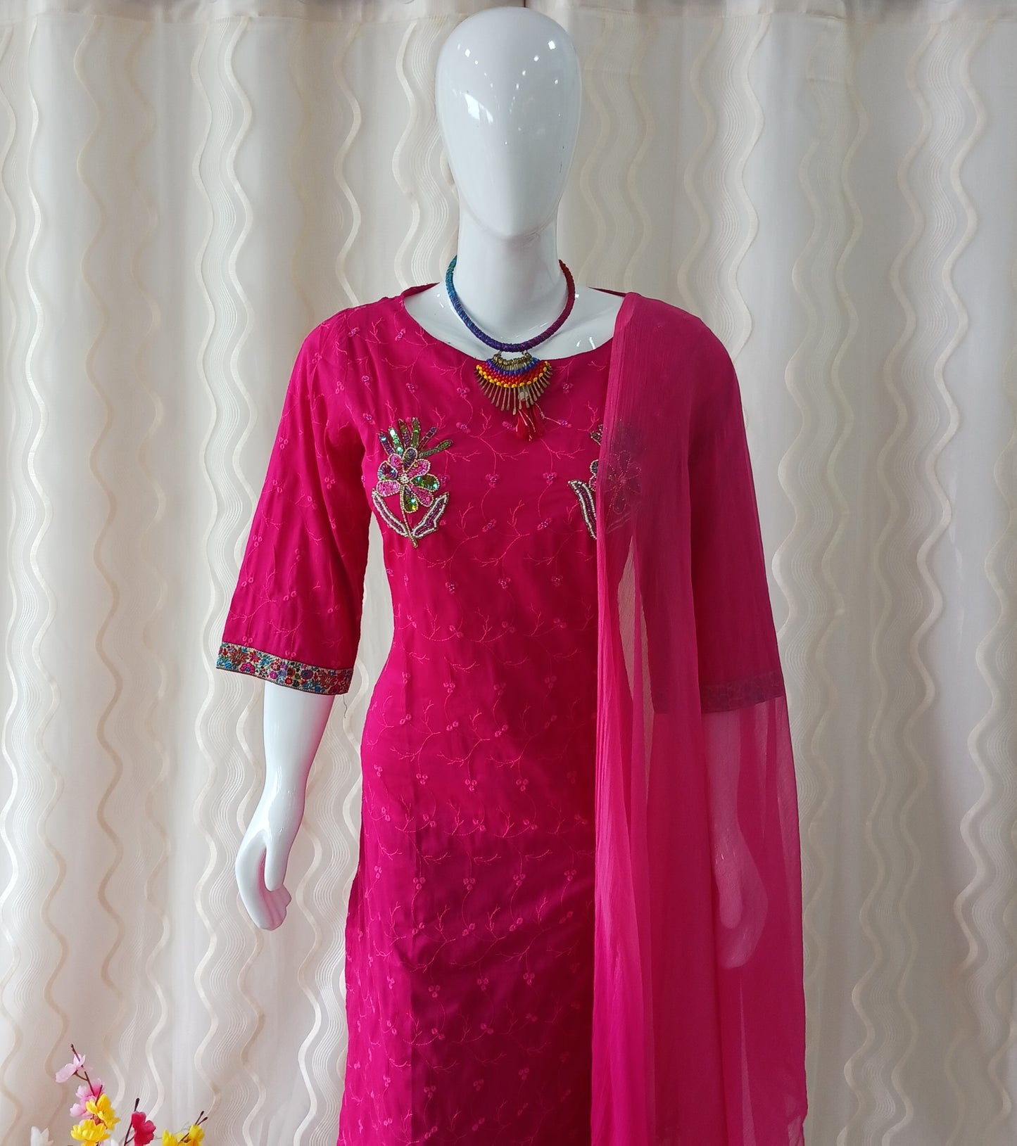 Straight Cut 3-Piece Suit with Dupatta and 3/4 Sleeves
