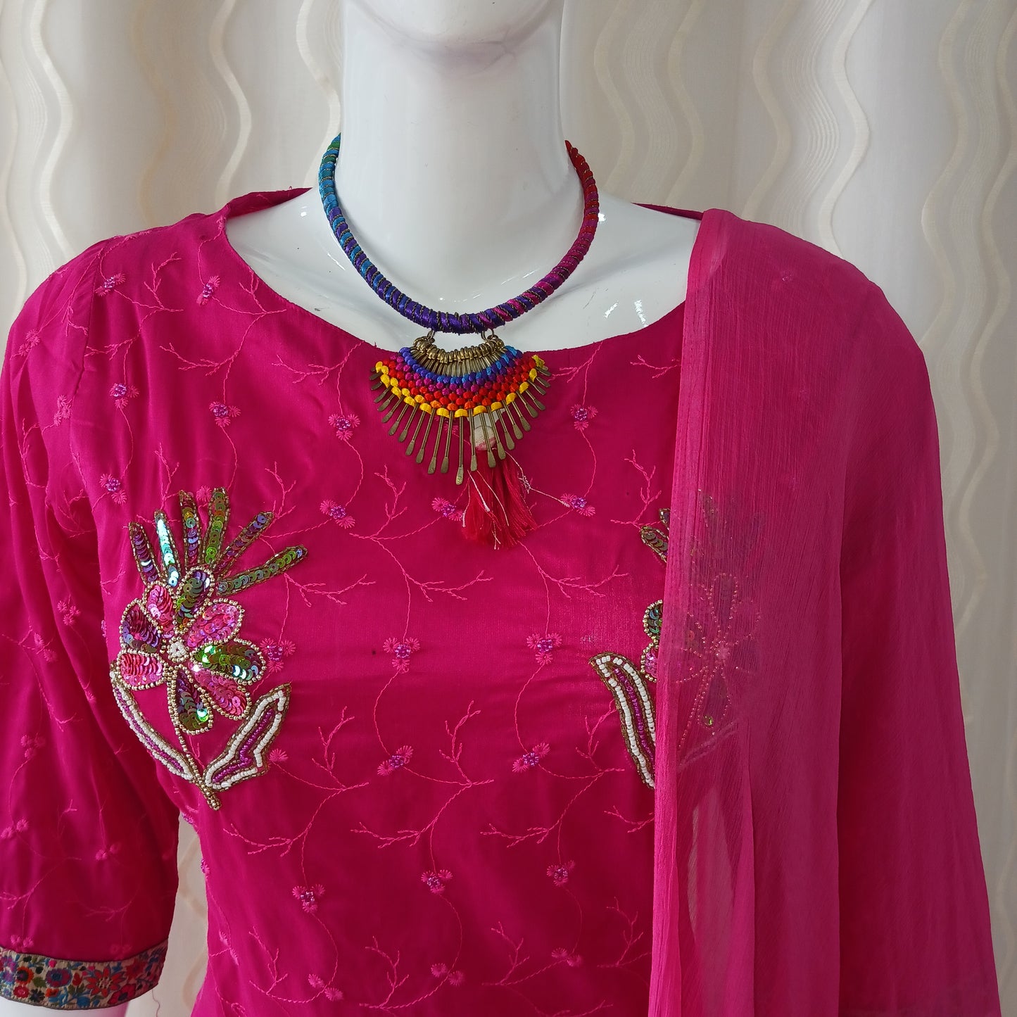 Straight Cut 3-Piece Suit with Dupatta and 3/4 Sleeves