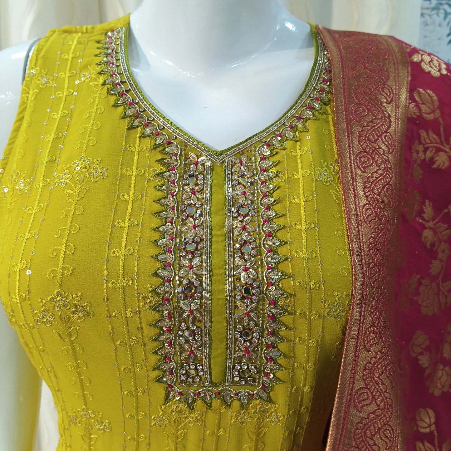 Straight Cut 3-piece suit with Contrast Banarsi Work Dupatta with sleeves attached