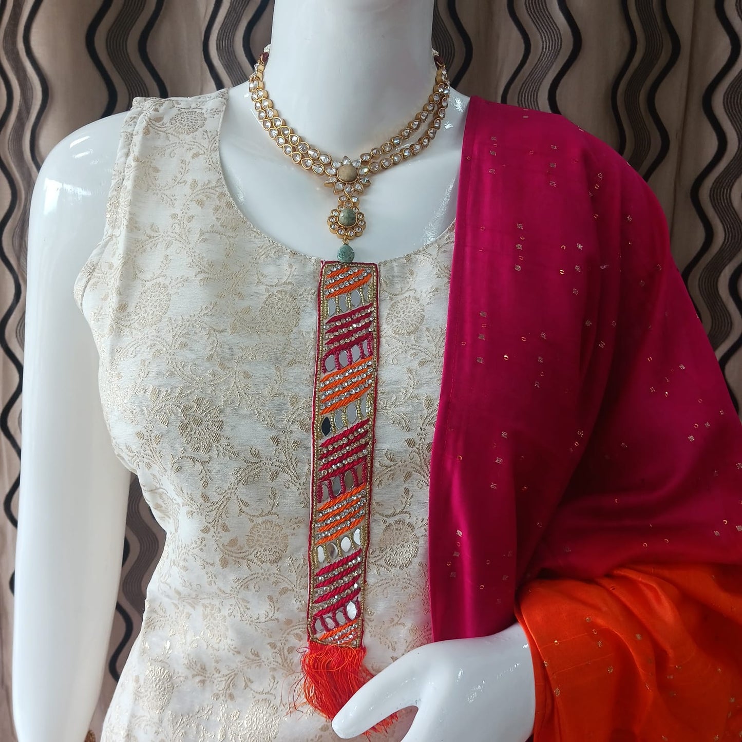 Straight cut Cream Zari & orange Dupatta