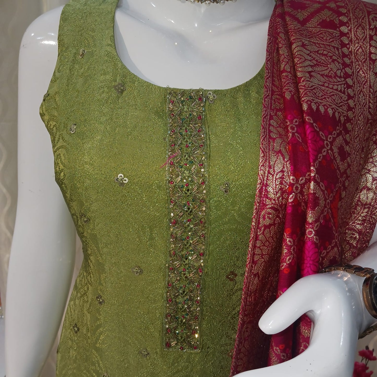 Green Straight Cut 3-piece suit with Contrast Banarsi Work Dupatta with sleeves attached