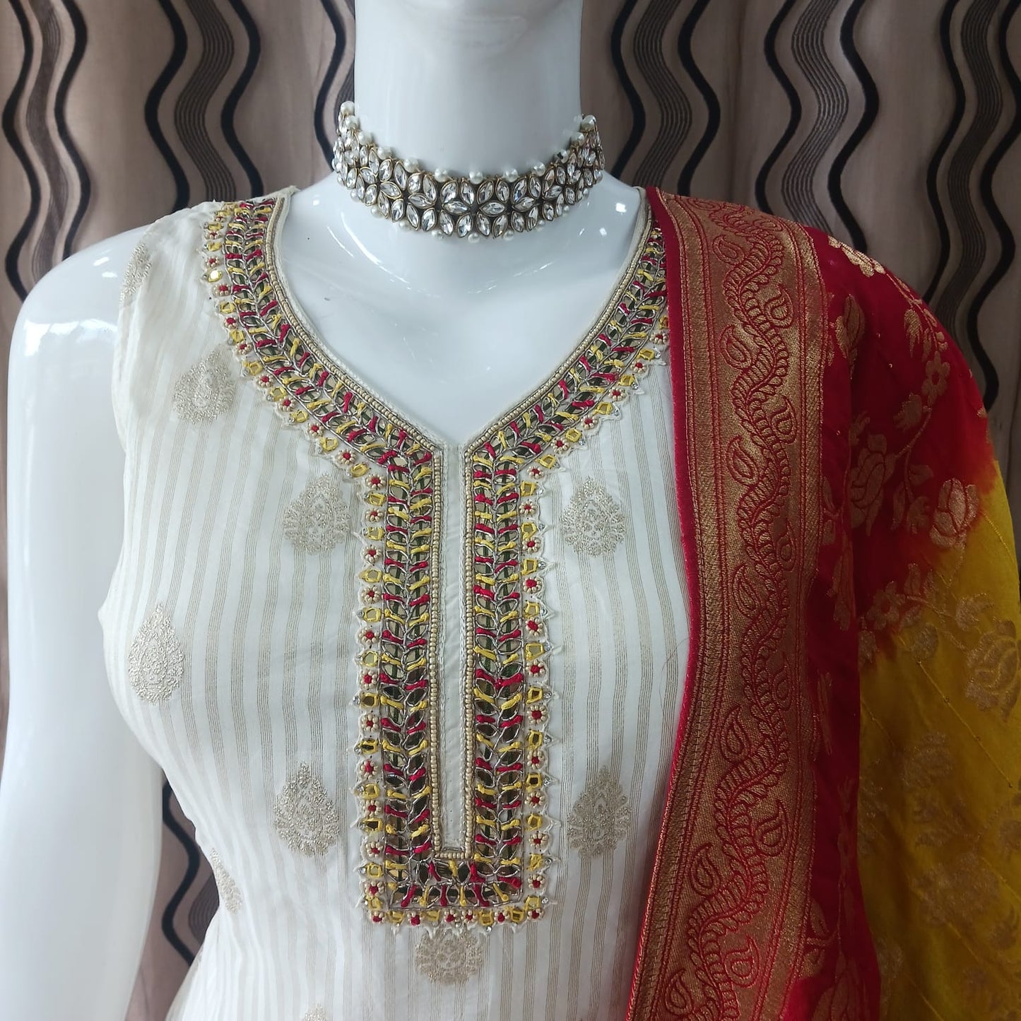 Straight cut cream with Multi Colour Banarasi Dupatta