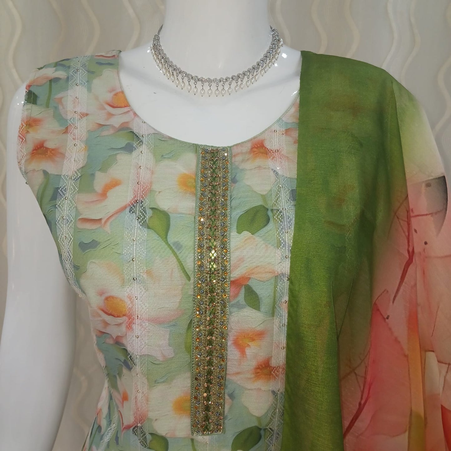 Straight Cut 3-piece suit with Beautiful Dupatta with sleeves attached