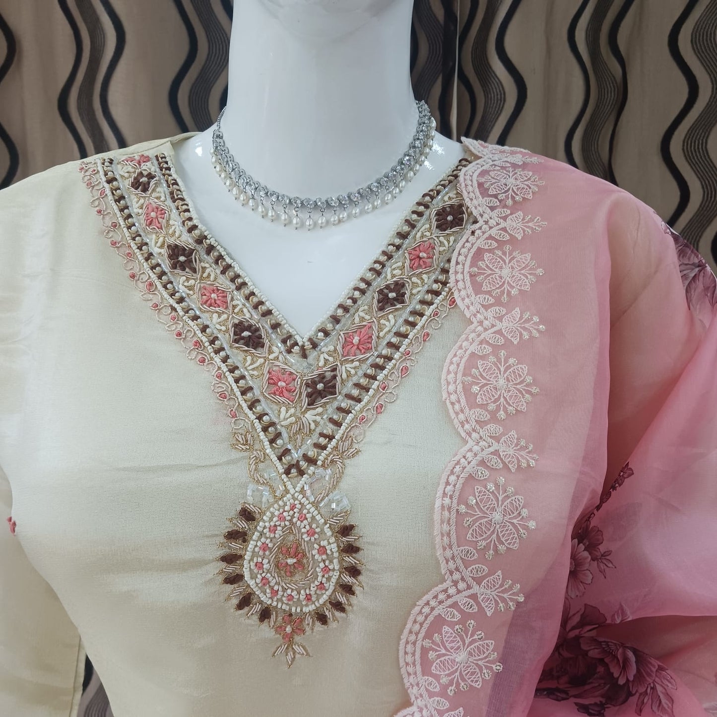 Straight cut Cream with pink dupatta