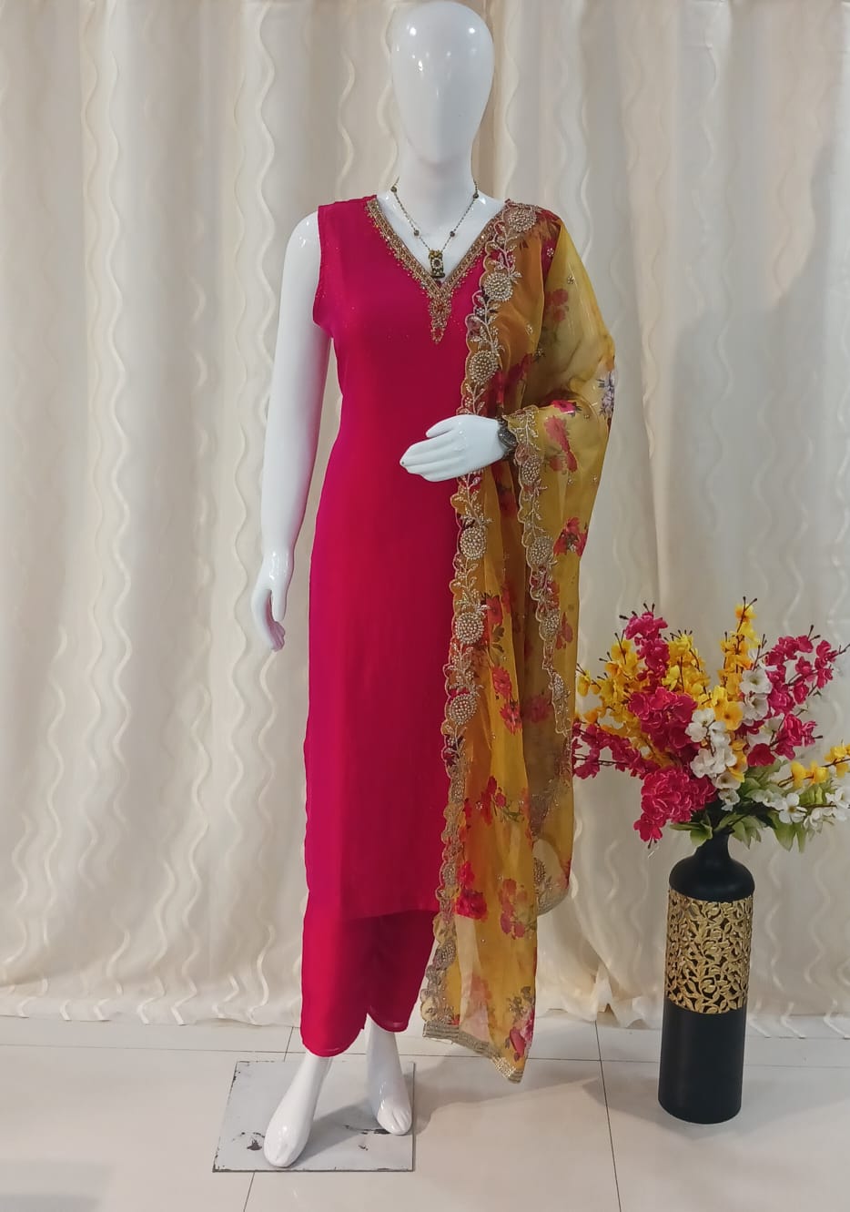 Pink 3-piece suit with contrast work yellow floral dupatta with sleeves attached