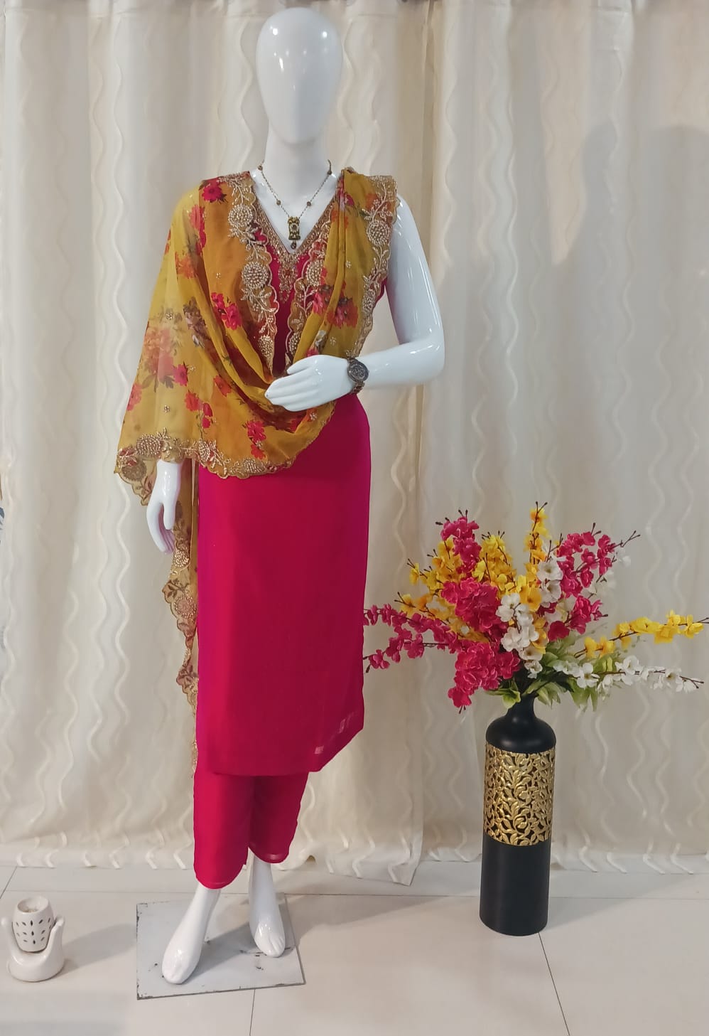Pink 3-piece suit with contrast work yellow floral dupatta with sleeves attached