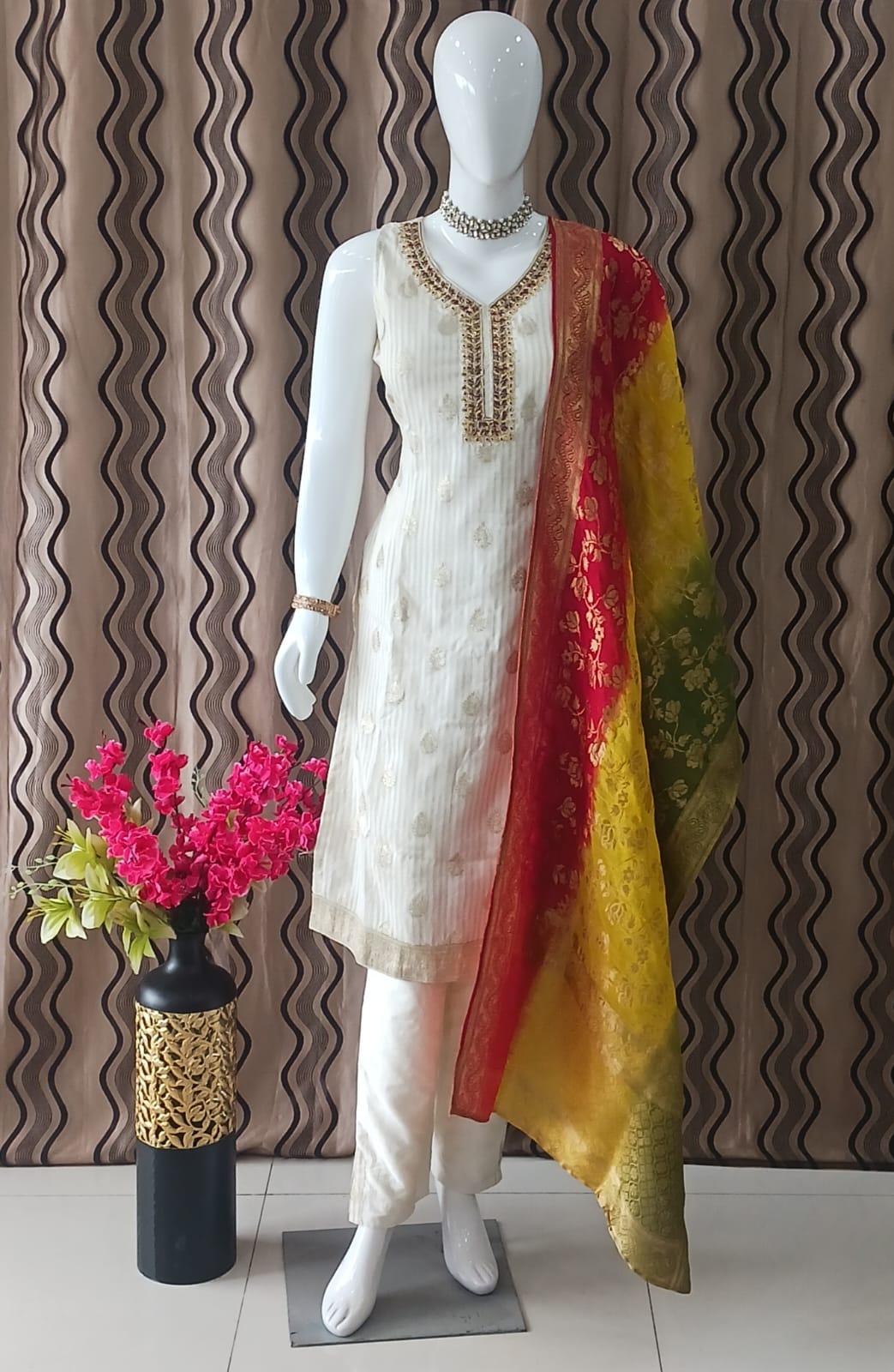 Straight cut cream with Multi Colour Banarasi Dupatta