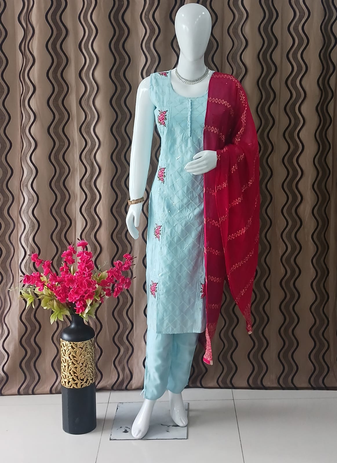 Straight cut Sky Blue with contrast Red Dupatta