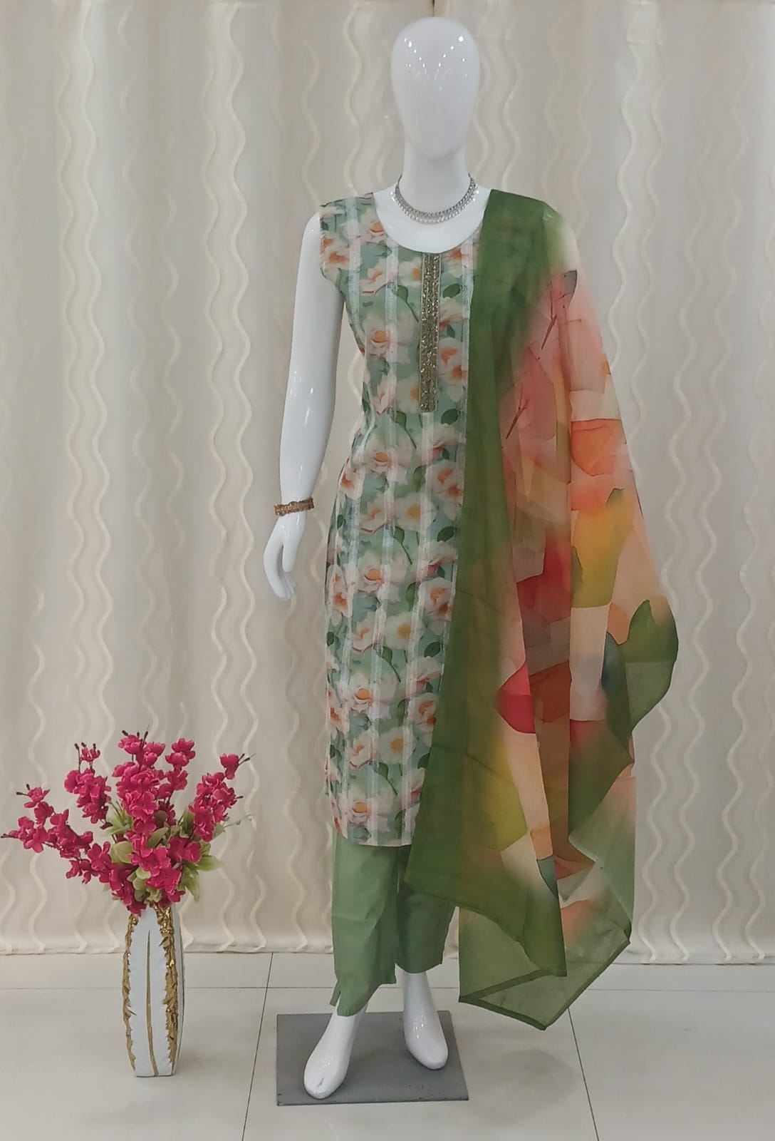 Straight Cut 3-piece suit with Beautiful Dupatta with sleeves attached