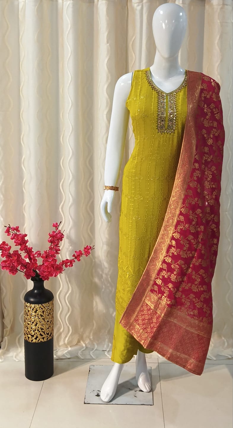 Straight Cut 3-piece suit with Contrast Banarsi Work Dupatta with sleeves attached