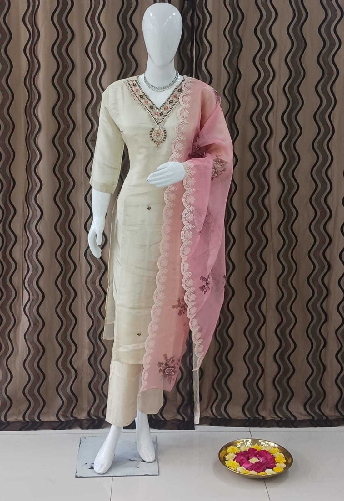 Straight cut Cream with pink dupatta