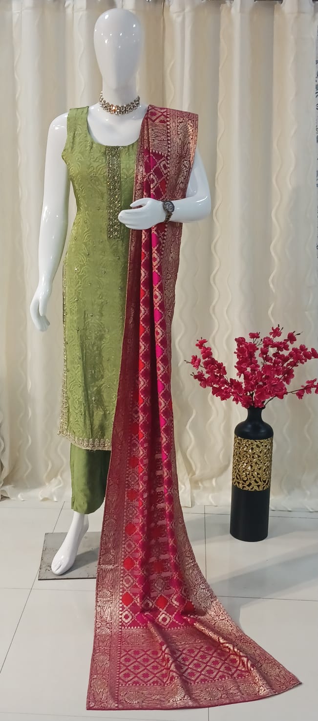 Green Straight Cut 3-piece suit with Contrast Banarsi Work Dupatta with sleeves attached