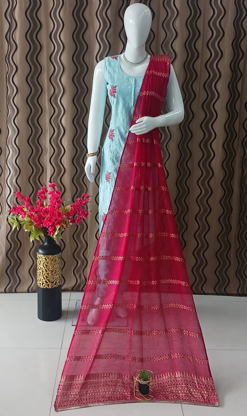 Straight cut Sky Blue with contrast Red Dupatta