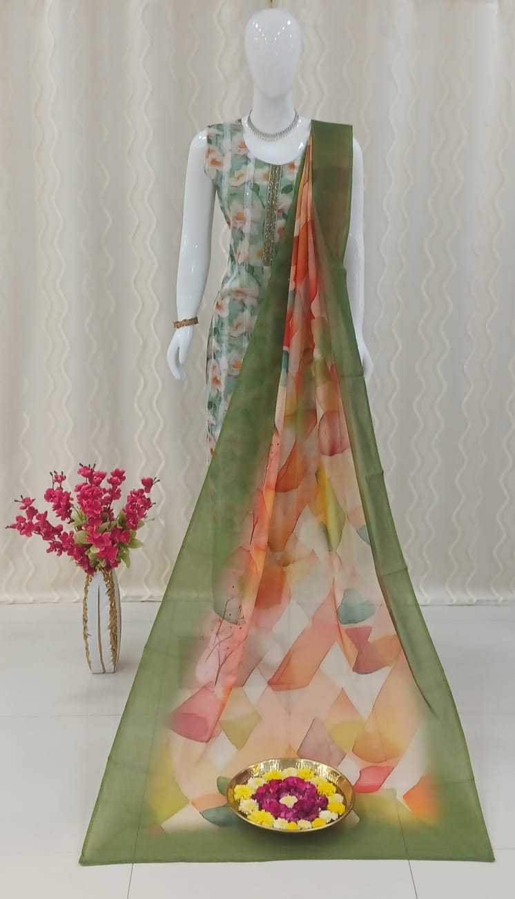 Straight Cut 3-piece suit with Beautiful Dupatta with sleeves attached