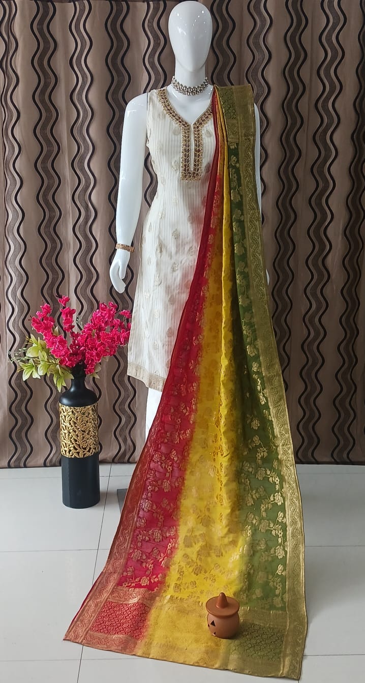 Straight cut cream with Multi Colour Banarasi Dupatta