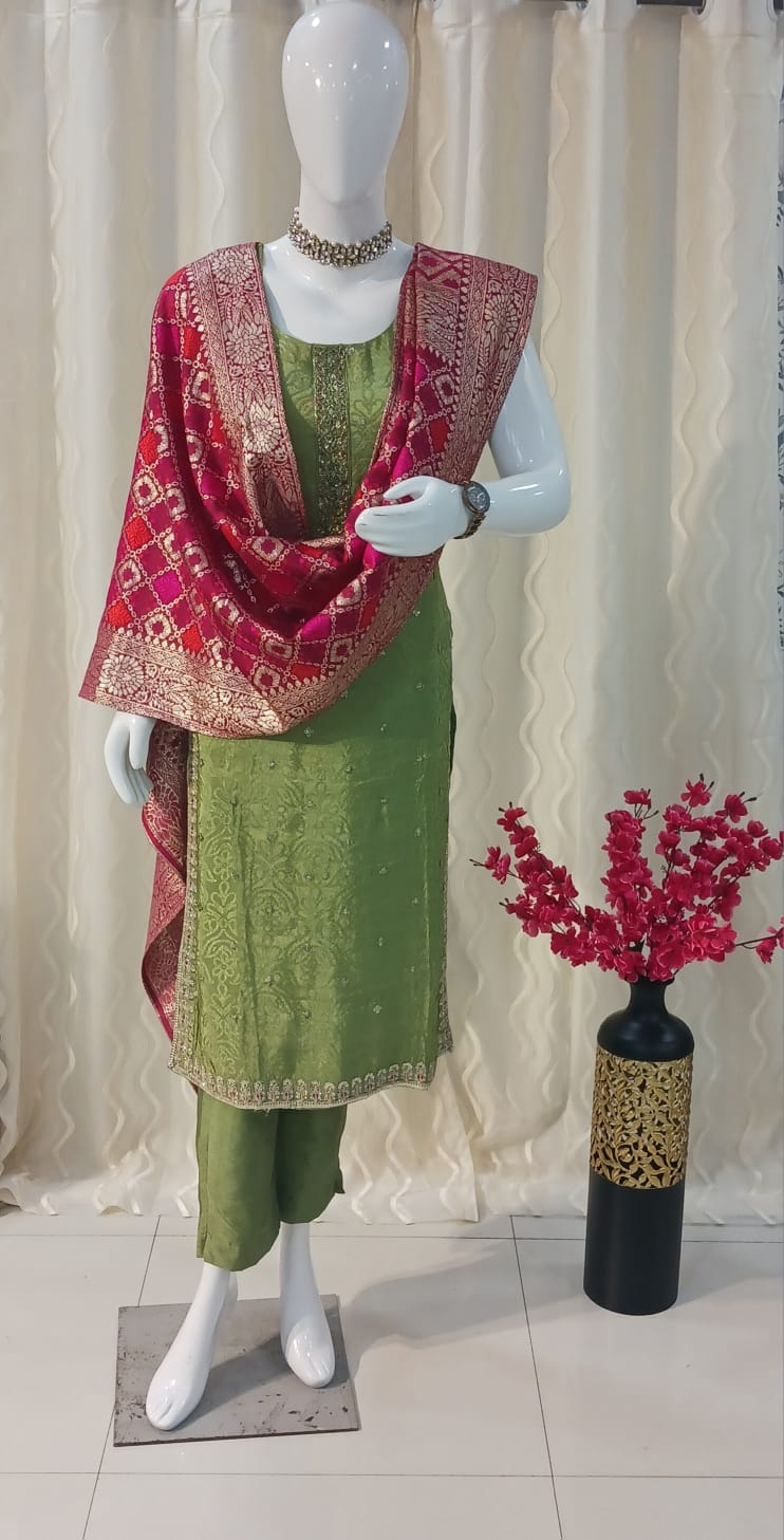 Green Straight Cut 3-piece suit with Contrast Banarsi Work Dupatta with sleeves attached
