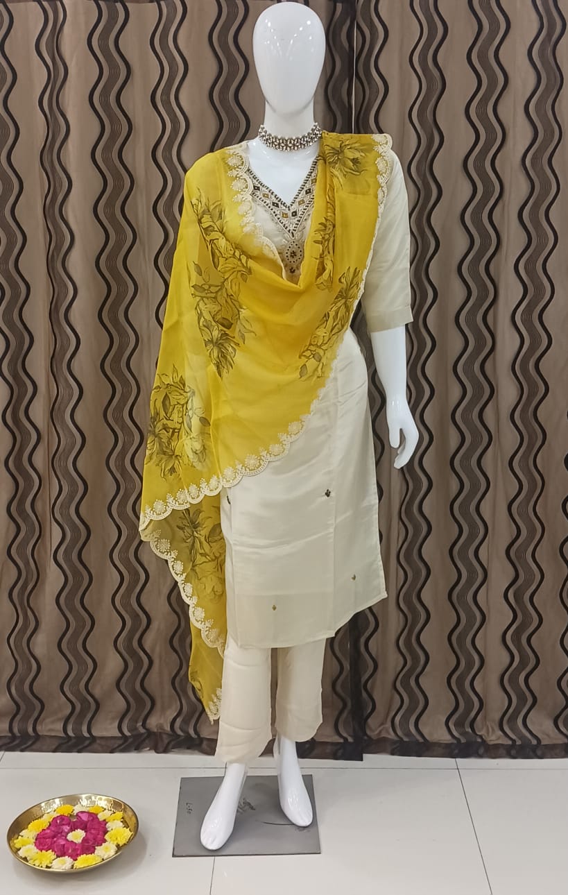 Straight cut Cream with yellow dupatta