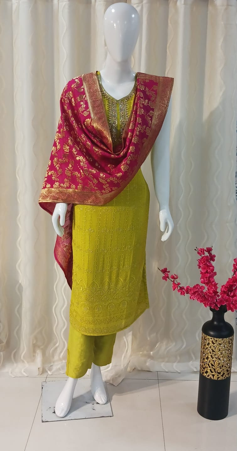 Straight Cut 3-piece suit with Contrast Banarsi Work Dupatta with sleeves attached