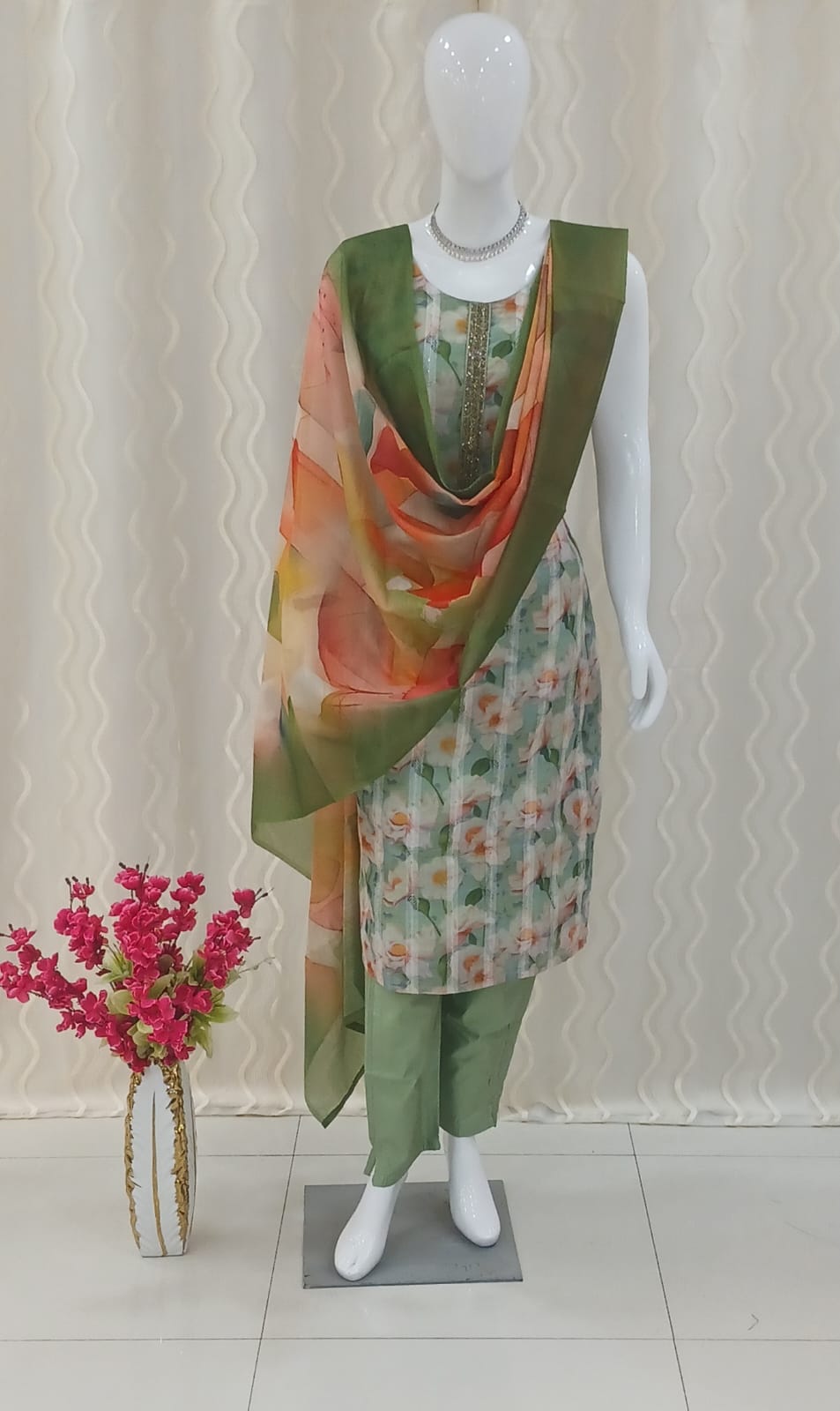 Straight Cut 3-piece suit with Beautiful Dupatta with sleeves attached