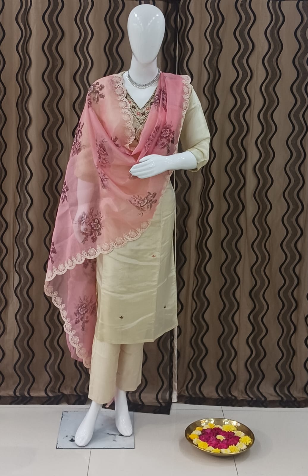 Straight cut Cream with pink dupatta