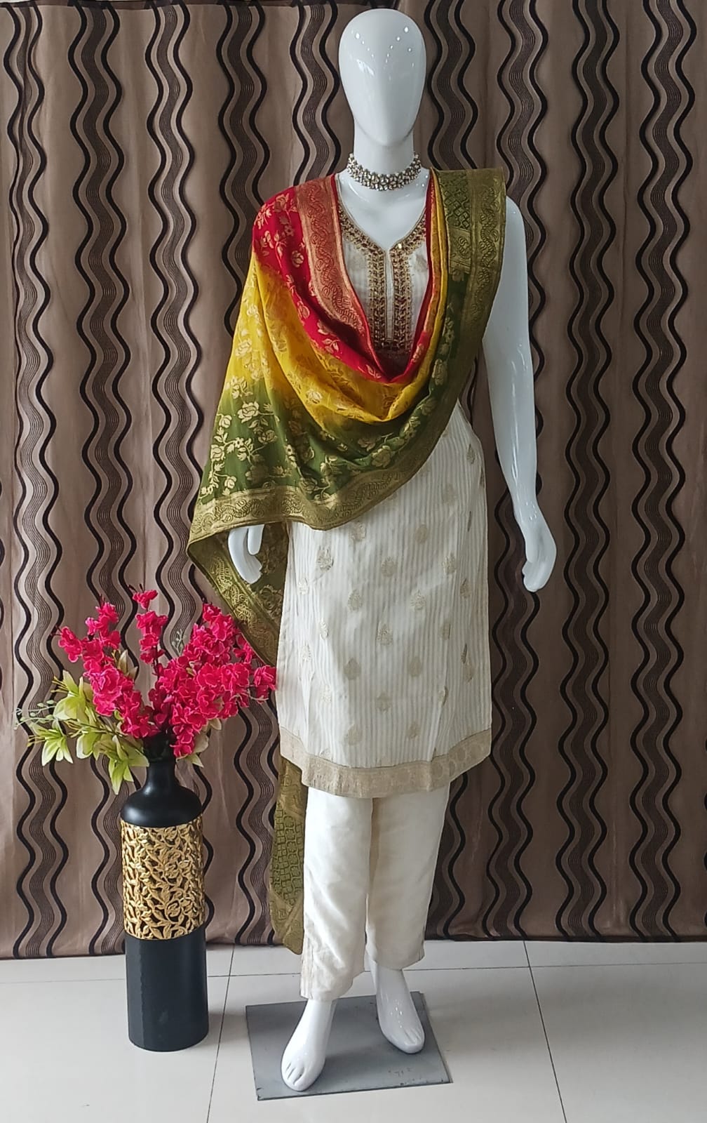 Straight cut cream with Multi Colour Banarasi Dupatta