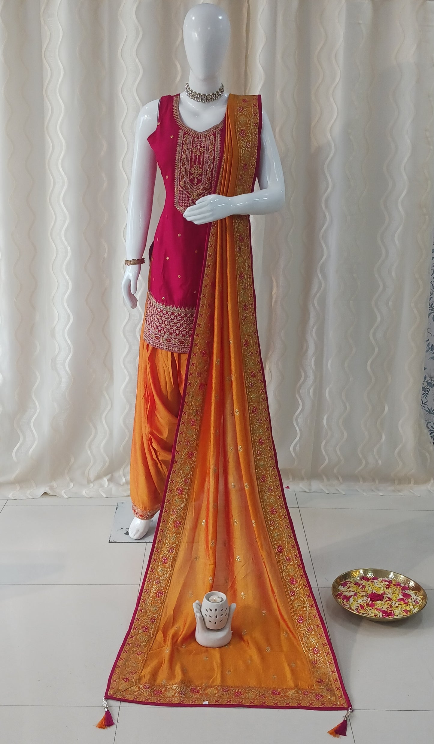 Straight Cut Pariyala 3-Piece Suit with Work Duppatta and With Sleeves Attached