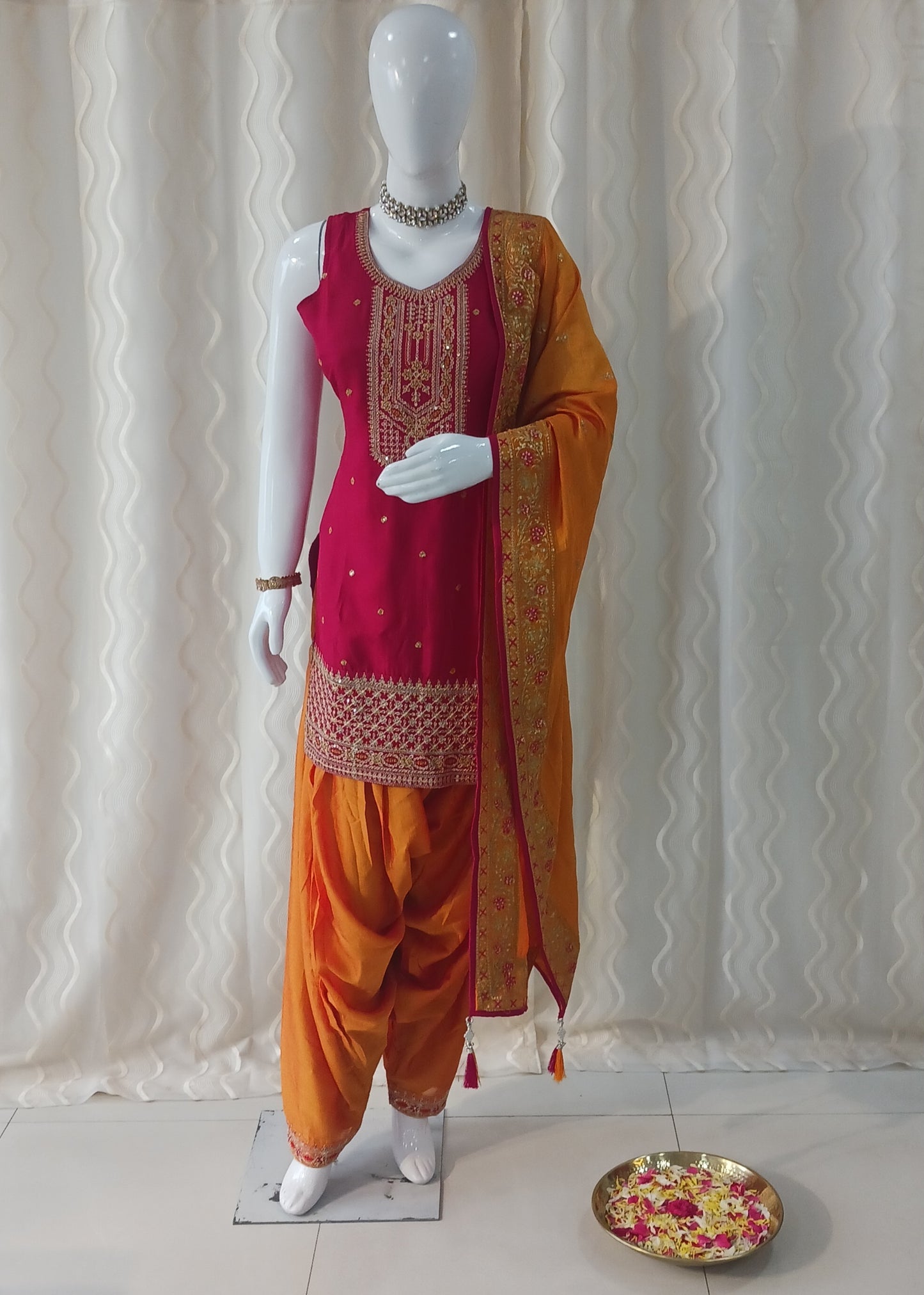 Straight Cut Pariyala 3-Piece Suit with Work Duppatta and With Sleeves Attached