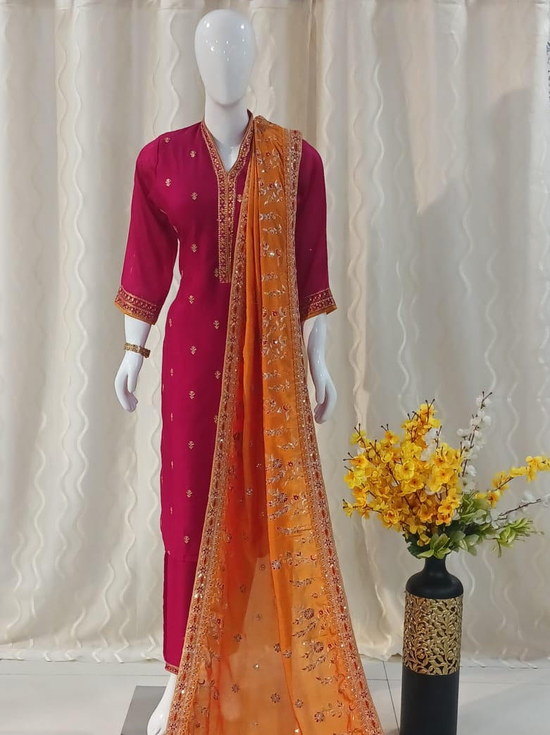 Straight Cut Pink 3-piece suit with Contrast Work Dupatta with sleeves attached.