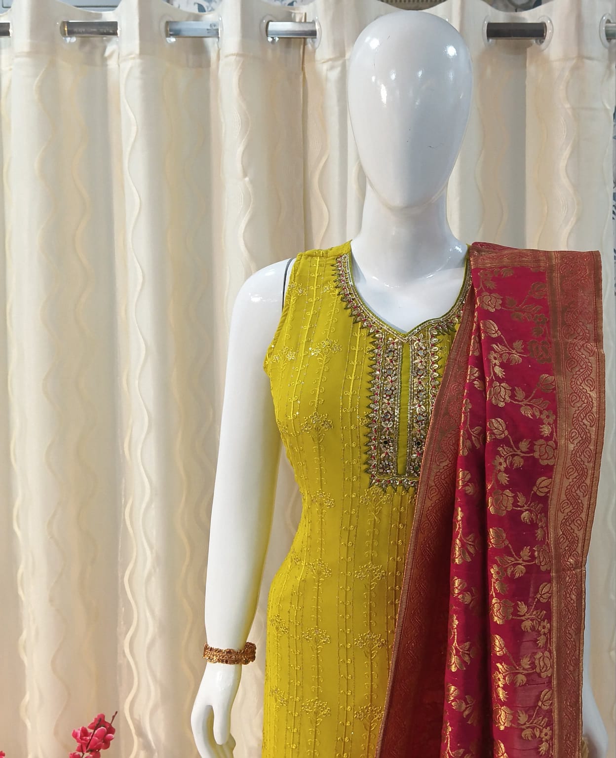 Straight Cut 3-piece suit with Contrast Banarsi Work Dupatta with sleeves attached