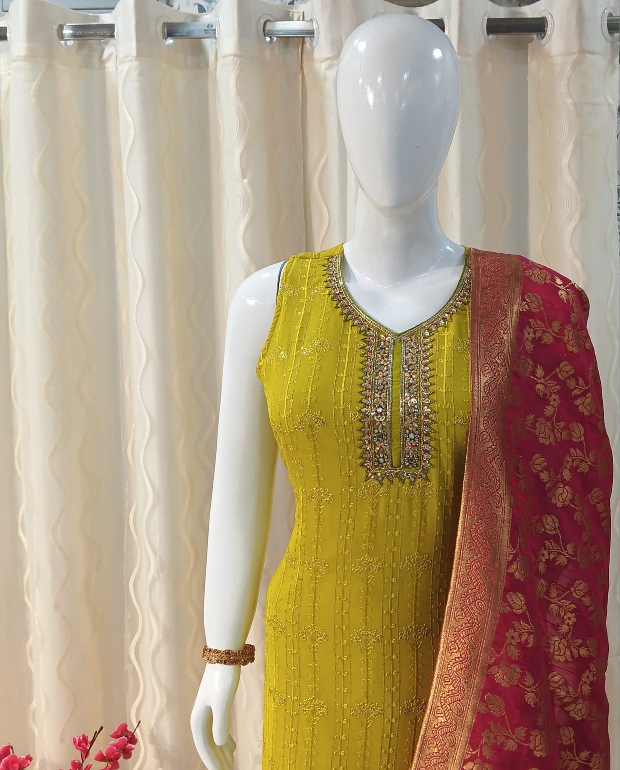 Straight Cut 3-piece suit with Contrast Banarsi Work Dupatta with sleeves attached