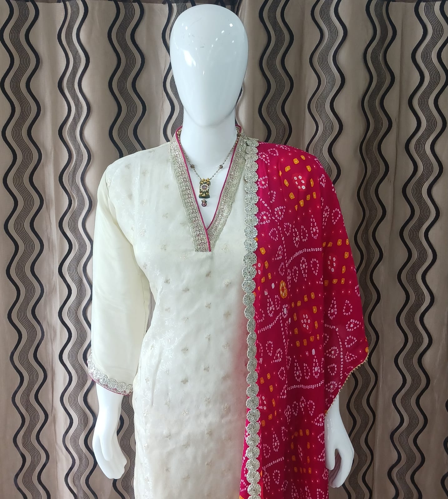 Straight cut Cream tissue Simmer cloth with Bandhani Dupatta