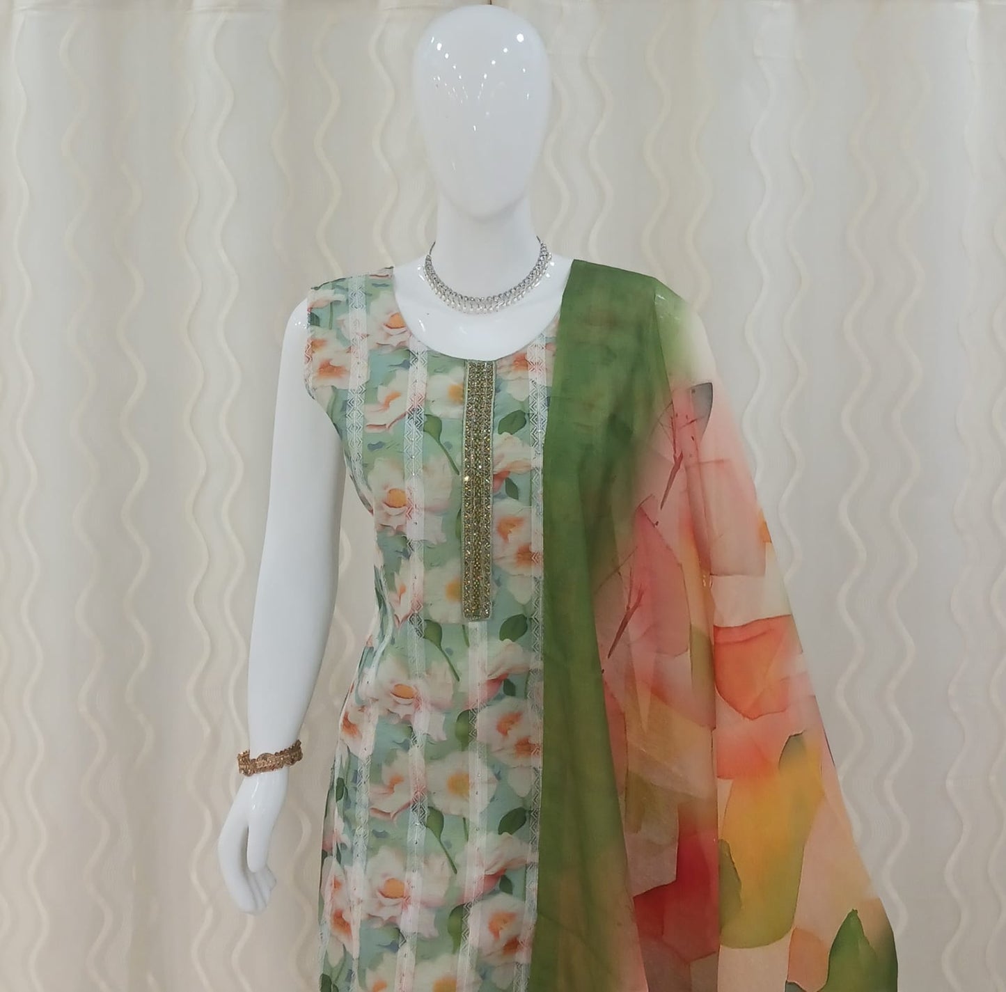 Straight Cut 3-piece suit with Beautiful Dupatta with sleeves attached