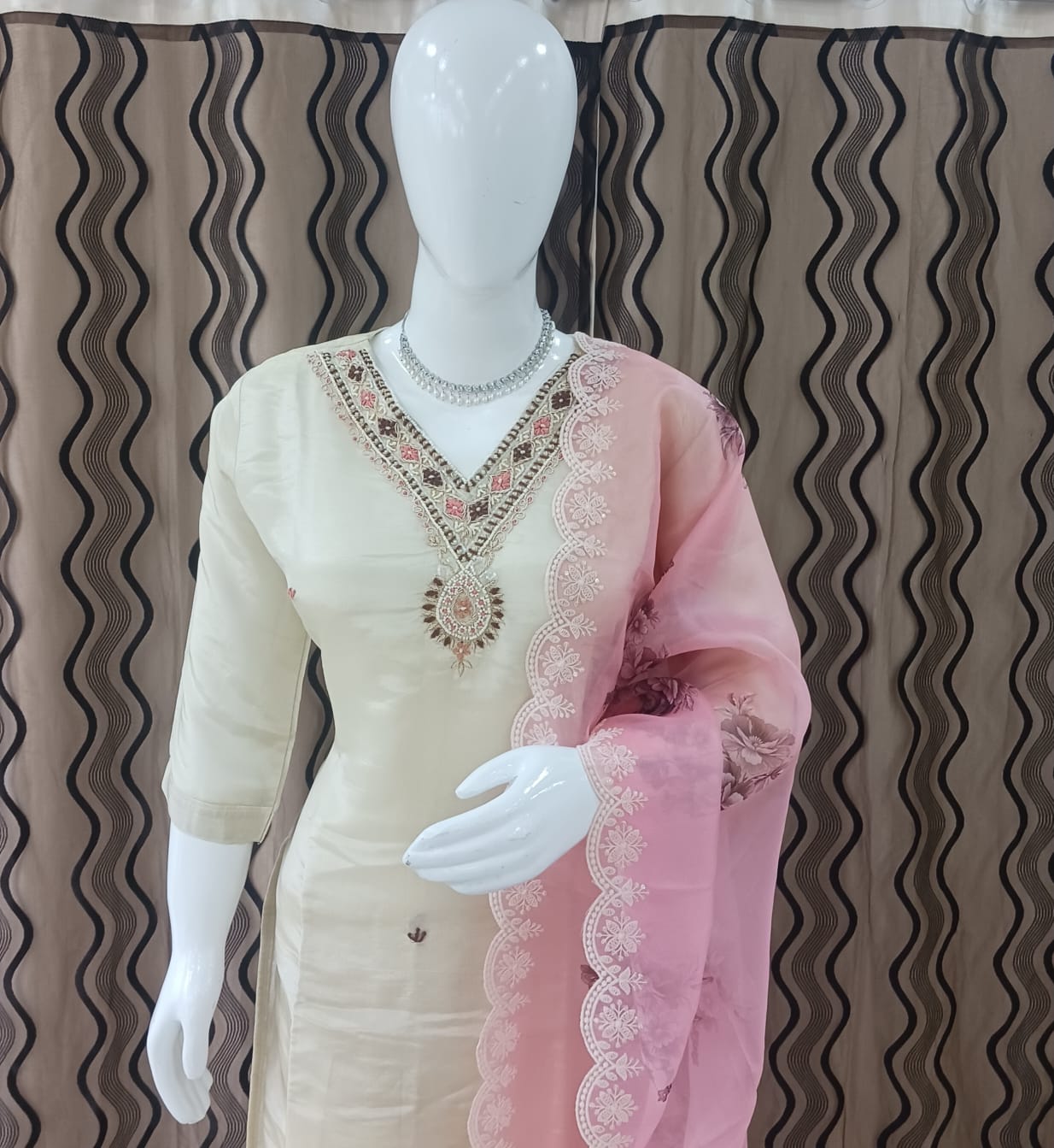 Straight cut Cream with pink dupatta