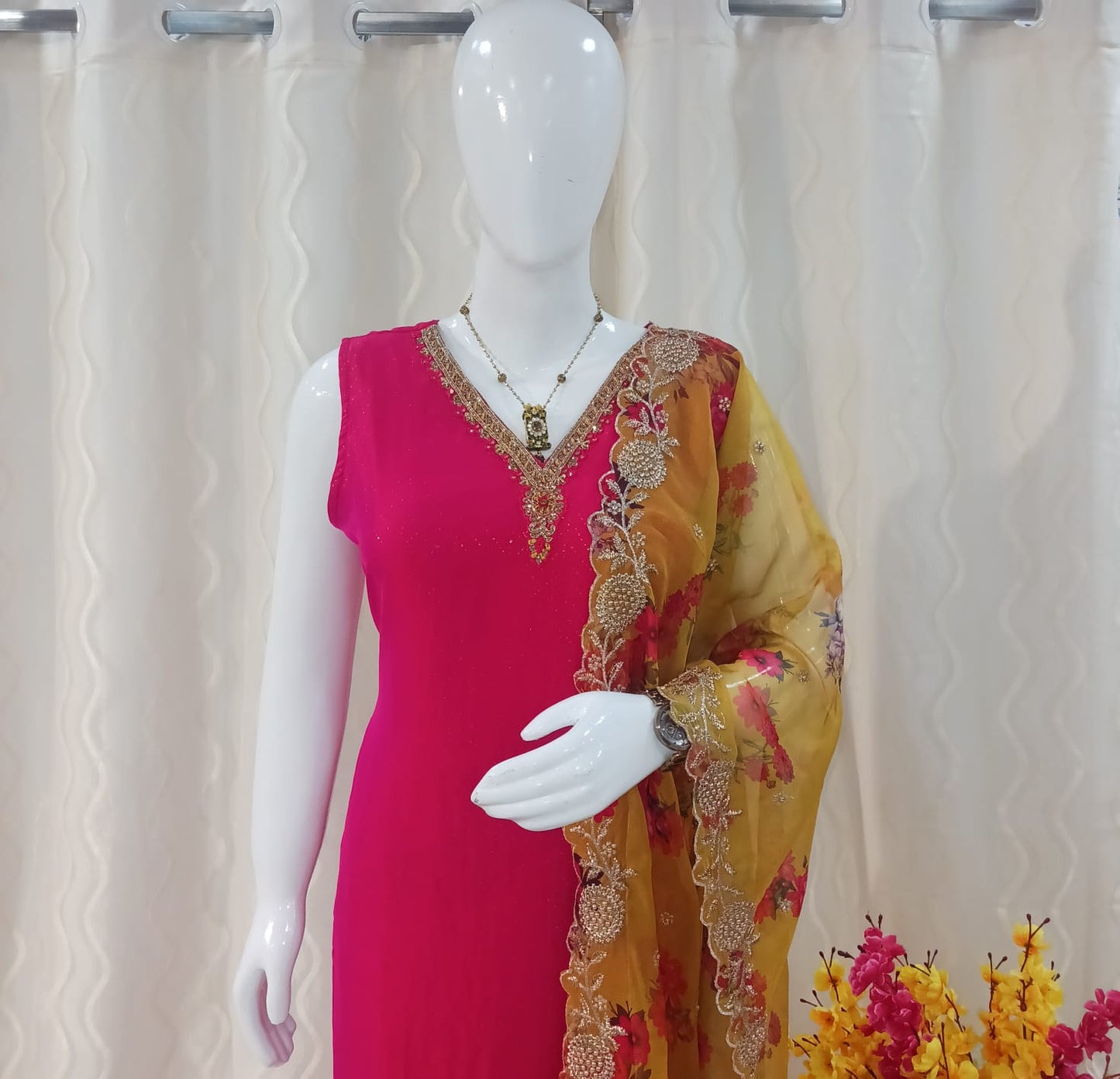 Pink 3-piece suit with contrast work yellow floral dupatta with sleeves attached