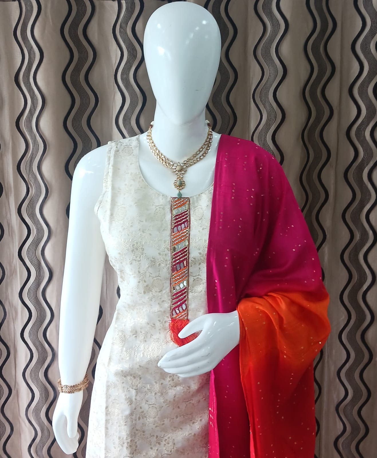 Straight cut Cream Zari & orange Dupatta