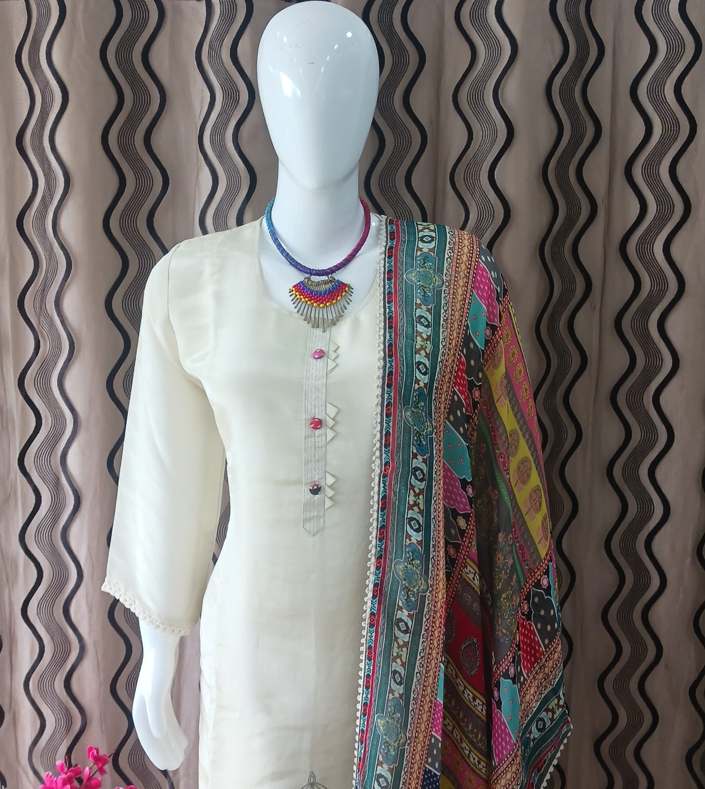 Straight cut Cream Tissue Simmer with Contrast Dupatta