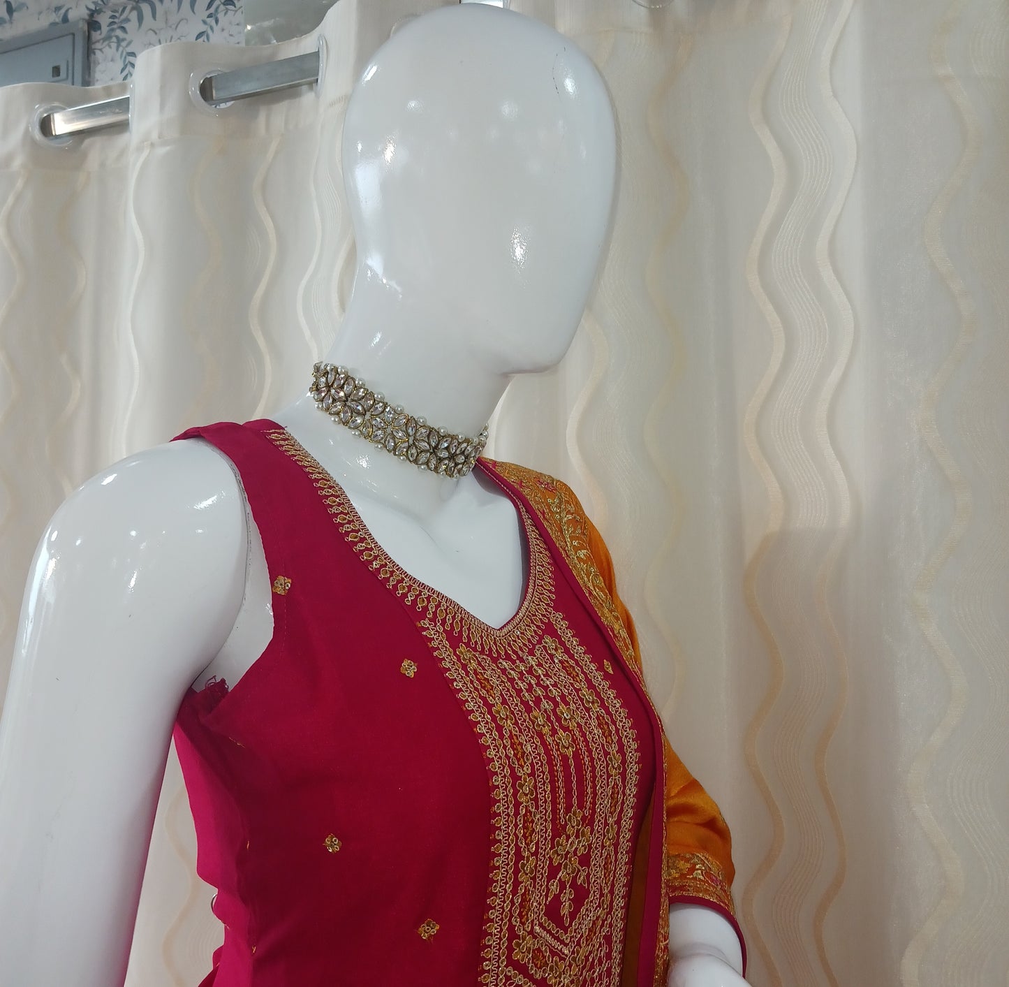 Straight Cut Pariyala 3-Piece Suit with Work Duppatta and With Sleeves Attached