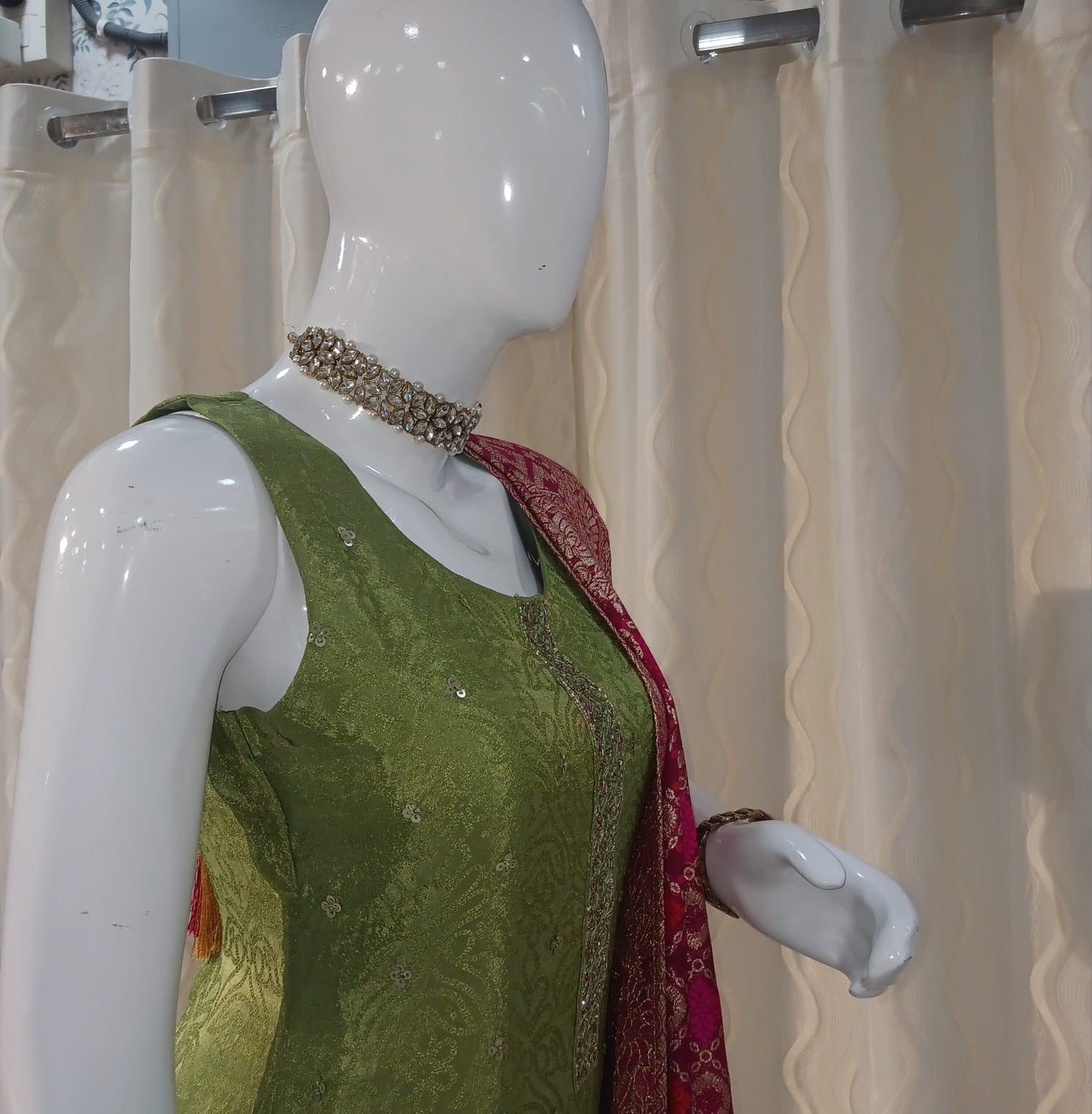 Green Straight Cut 3-piece suit with Contrast Banarsi Work Dupatta with sleeves attached
