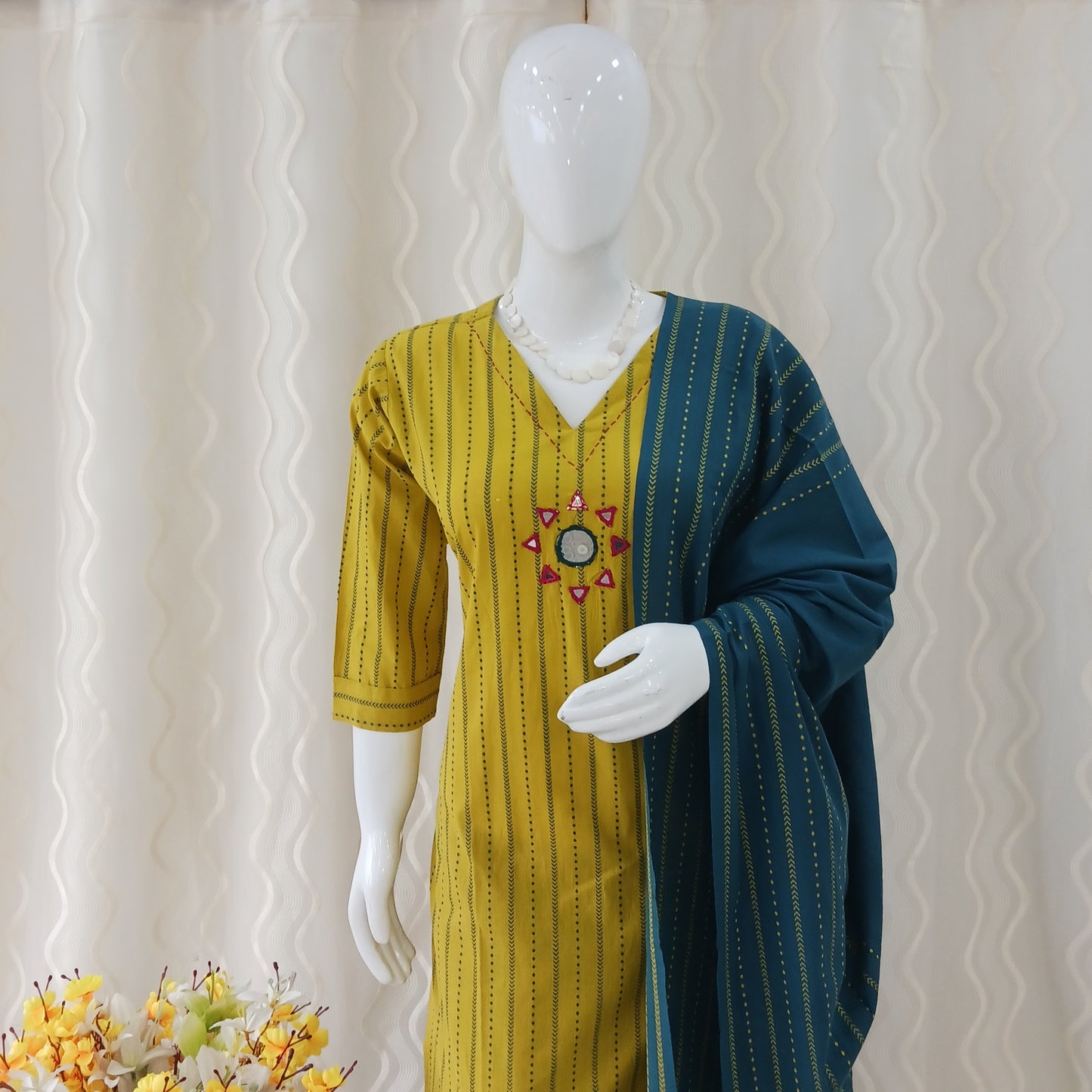 Straight Cut 3-Piece Suit with Dupatta and 3/4 Sleeves