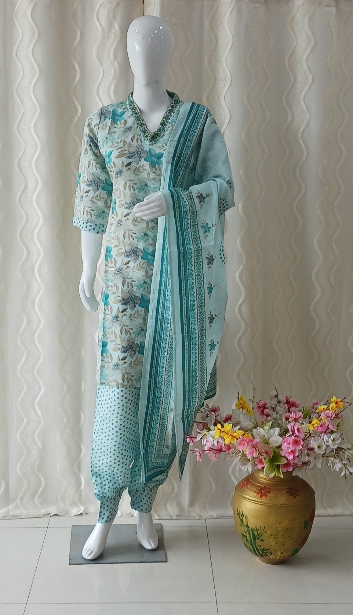 Straight Cut 3-Piece Suit with Dupatta and 3/4 Sleeves